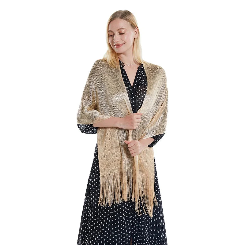 Hot Sale Evening Dresses Shawls Golden Glitter Shiny Tassels Party Wedding Other Scarves Hijab Hollow Mesh Shawl