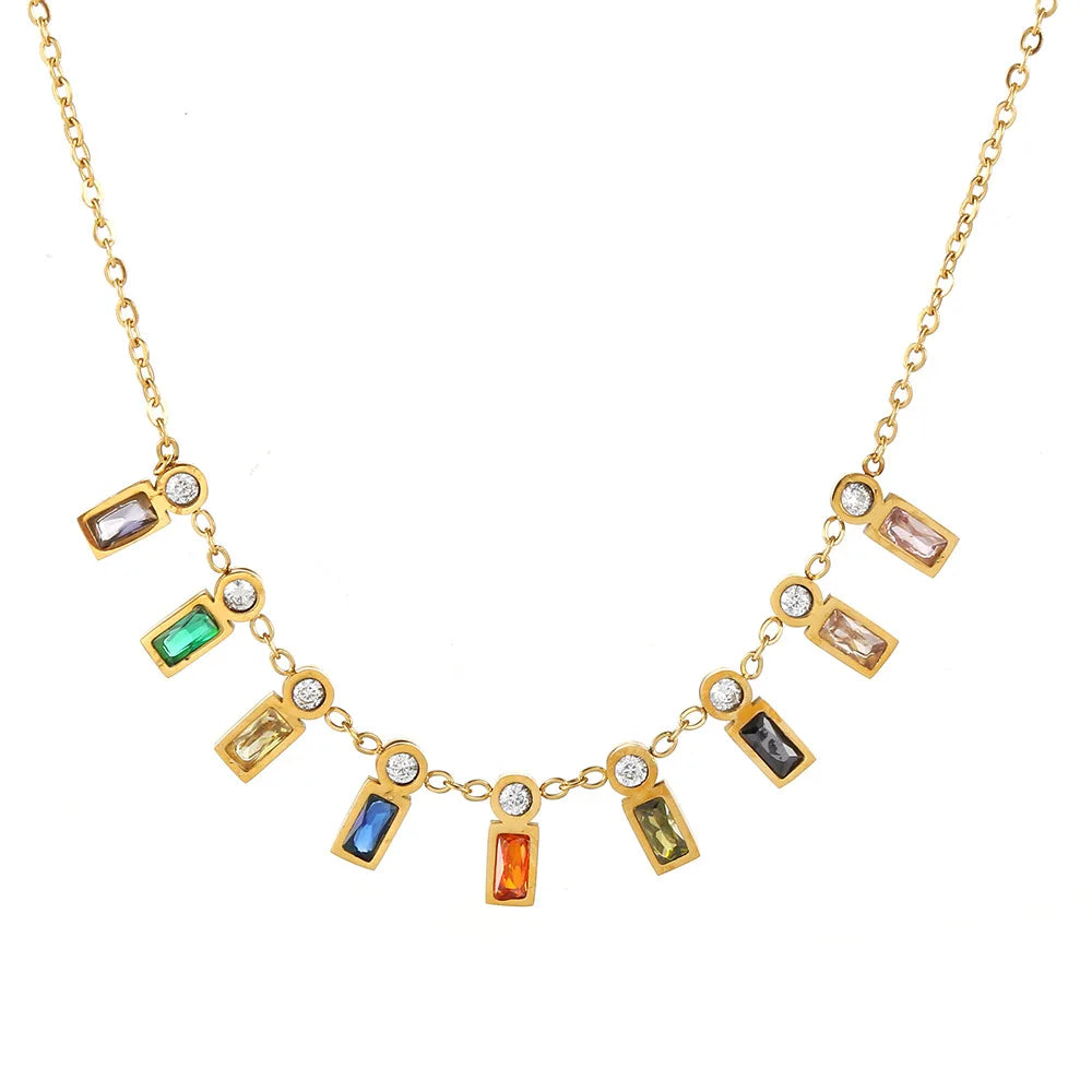 Laodun New Colorful Cubic Zirconia Chain Necklace Metal 18K Gold Vermeil Stainless Steel Collar Necklace for Women Vermeil