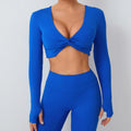 Long Sleeve Quick Dry Breathable Lightweight Seamless Spandex/Nylon Crop Tops for Women Thumb Twist Deep V Workout Gym Yoga Top