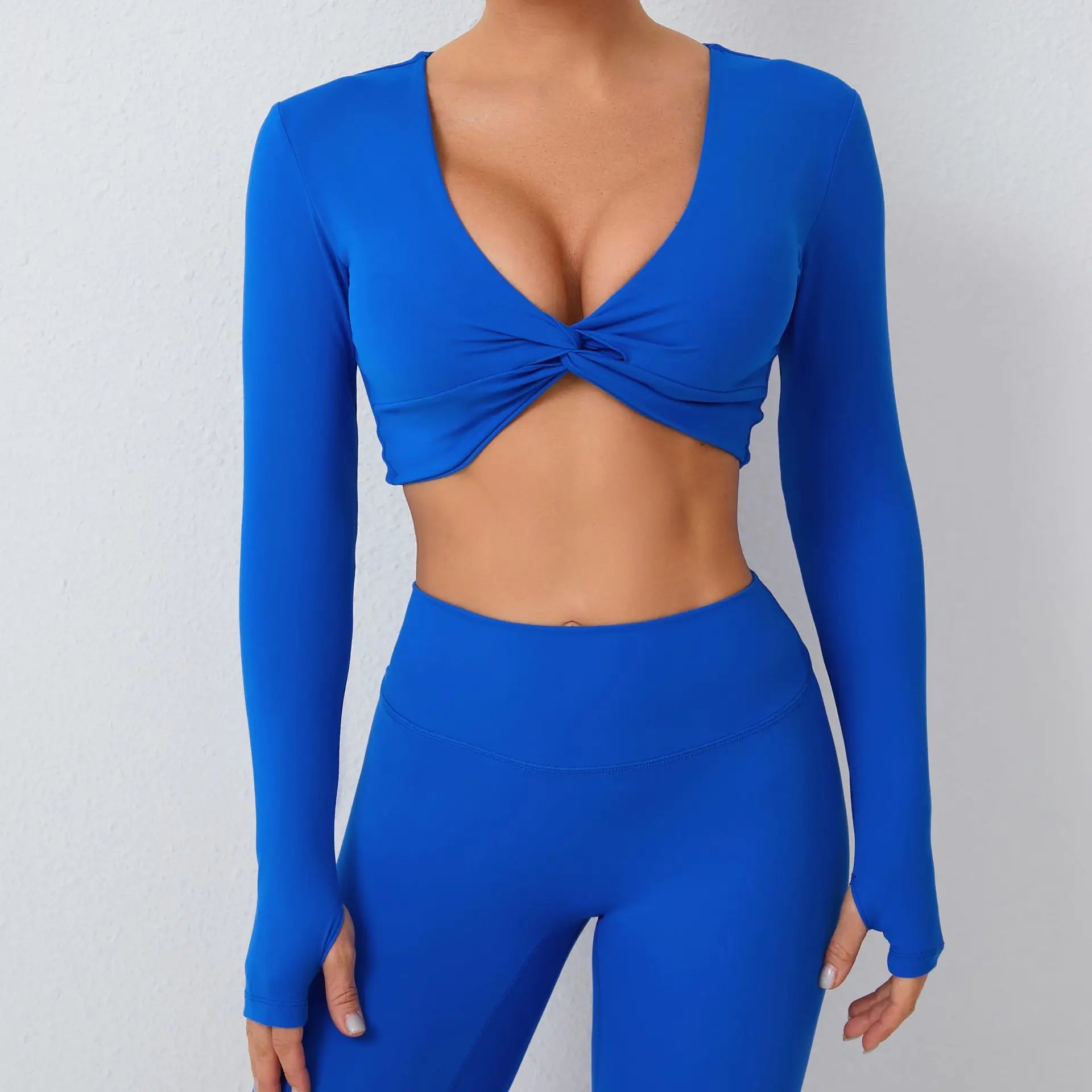Long Sleeve Quick Dry Breathable Lightweight Seamless Spandex/Nylon Crop Tops for Women Thumb Twist Deep V Workout Gym Yoga Top