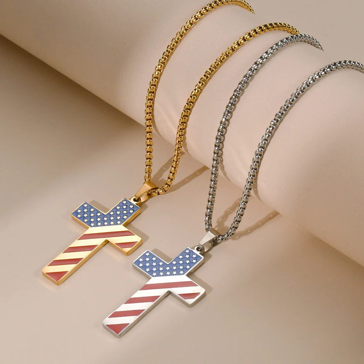 American Independence Day Carnival Necklace Five-Star Hat Pendant Flag Gold Plated Stainless Steel Link Chain for Party Jewelry