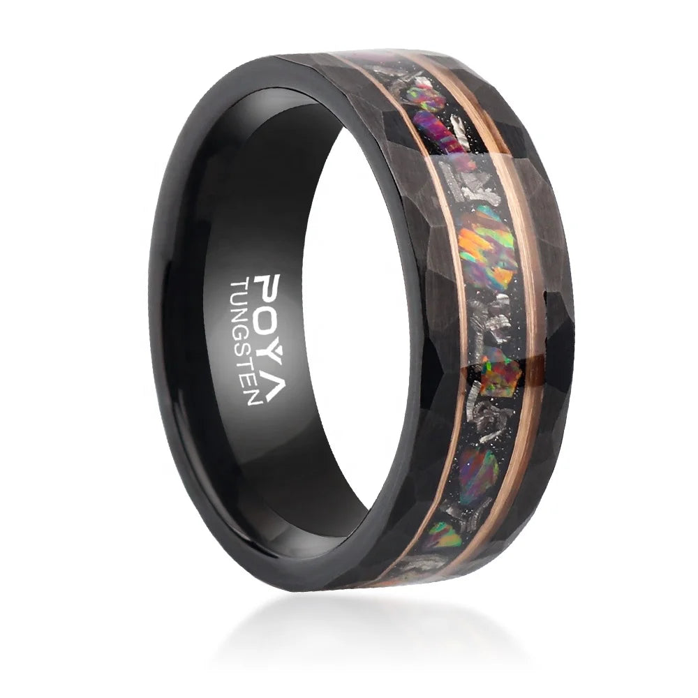 POYA Crushed Fire Opal Black Hammered Tungsten Meteorite Ring Rose Gold Line Wedding Band for Men