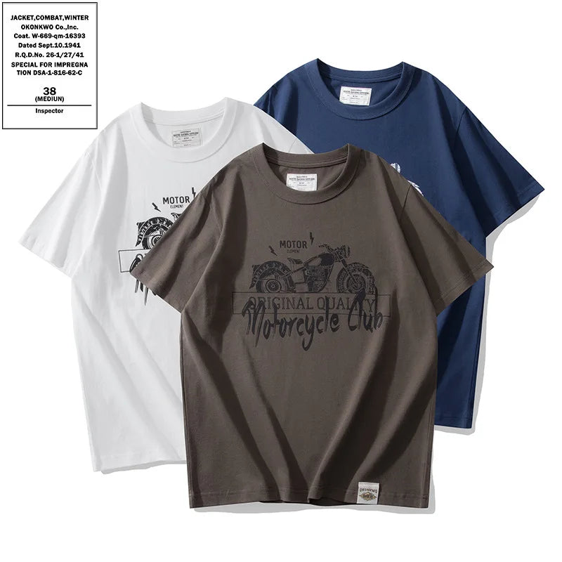 Summer New Crew Neck T-shirt Casual Retro Motorcycle Pattern Design Short Sleeve Jersey Letter Printing 100% Cotton Hot Supplier