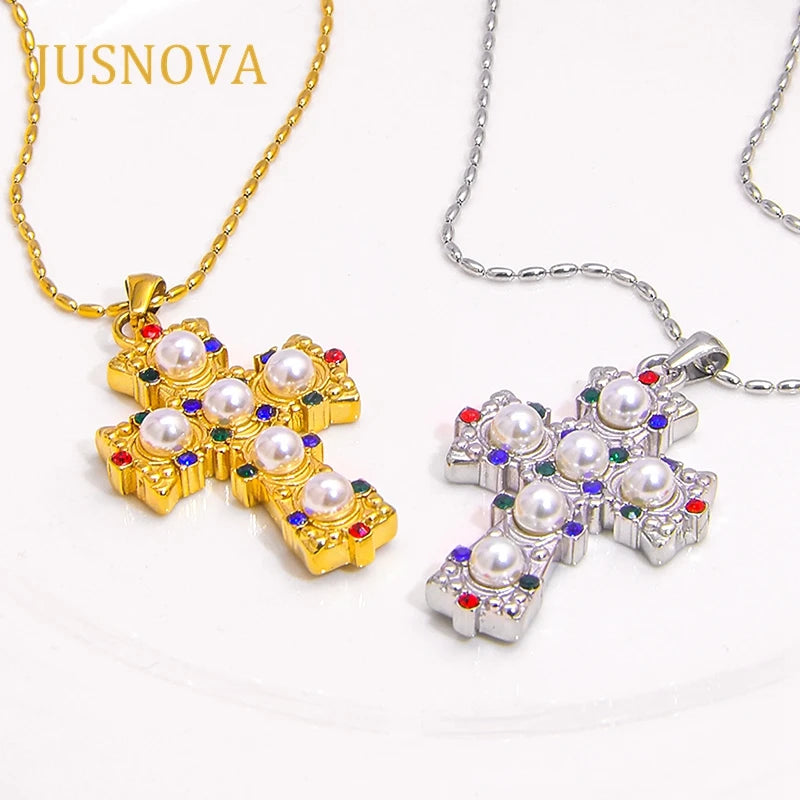JUSNOVA Stainless Steel Link Chain for Women Gold Plated Catholic Religious Jesus Cross Necklace Zircon Fashionable Necklaces