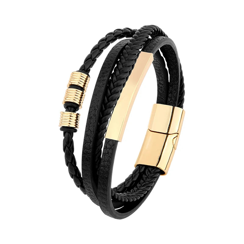 Daili Hot Sale Weave Leather Black Bracelet for Men Gold Plated Alloy Black PU Leather Bracelet Men Fashion Jewelry Accessories