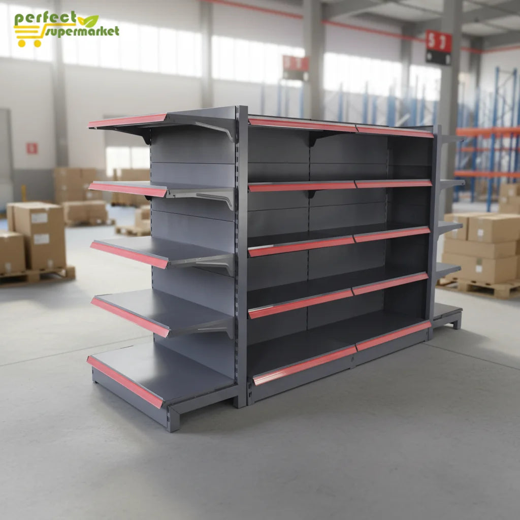 Supermarket Convenience Store Gondola Rack Double-Sided Heavy Duty Metallic Perforated Shelf Epoxy Powder Coated Quick Modern