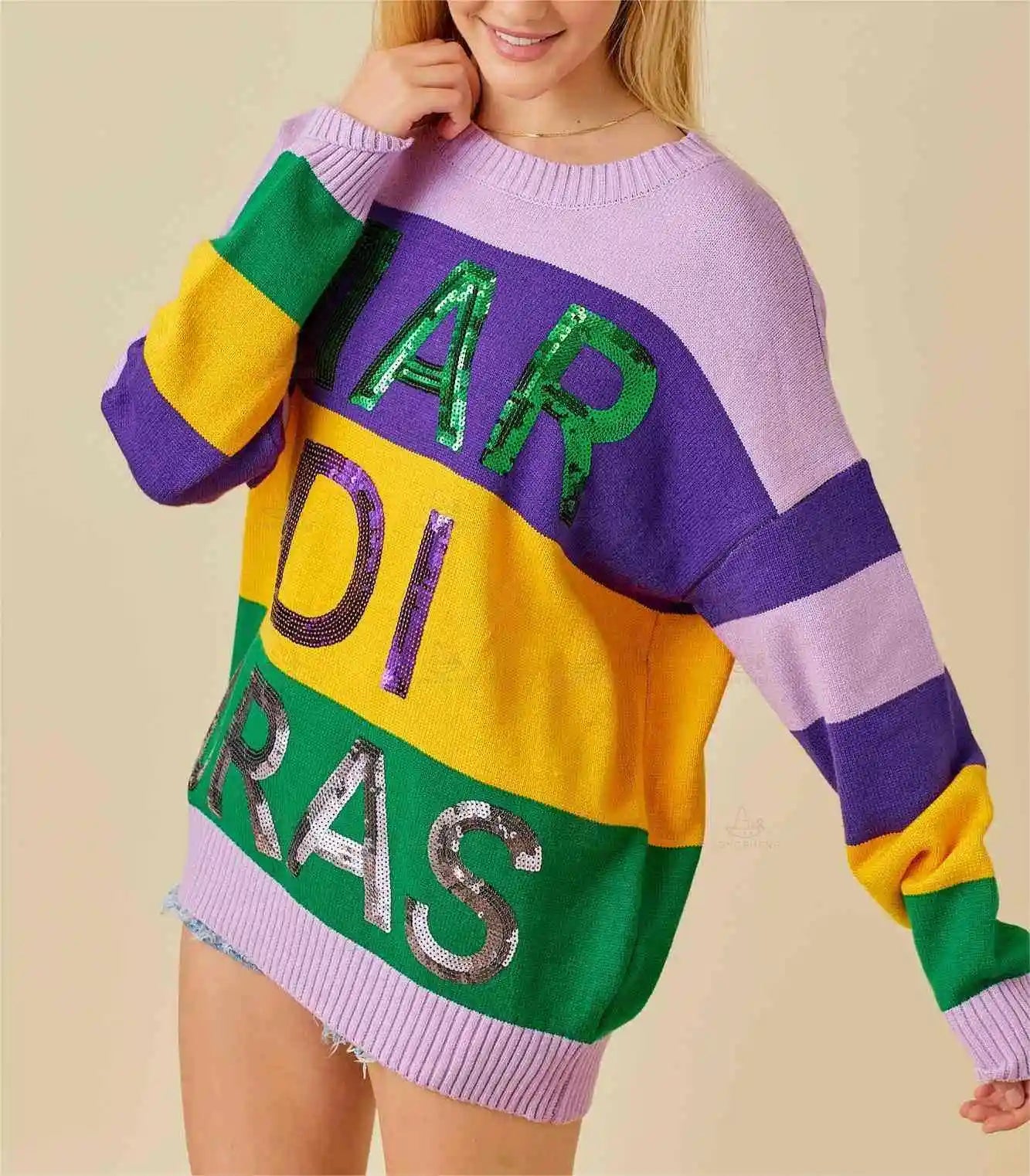 2026 Manufacturer Custom Crew Neck Cotton Knit Women's Holiday Pullover Striped Color Block Sequin Mardi Gras Sweaters