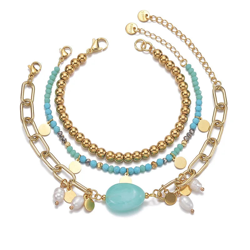 Summer Leisure Style Freshwater Pearl Waterproof Stainless Steel Natural Stone Bracelet PVD Gold Plated Jewelry