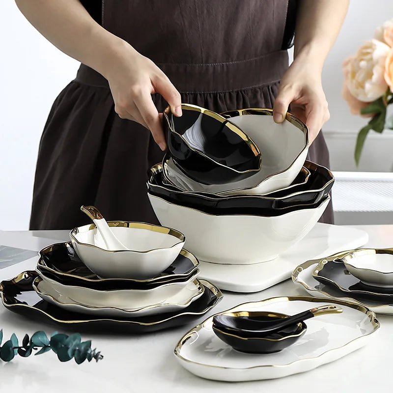 New Design Pantone Colors Eco-Friendly Porcelain Enameled Gold Rimmed Enamel Ceramic Bowls Salad Bowl Luxury Dinnerware Set for