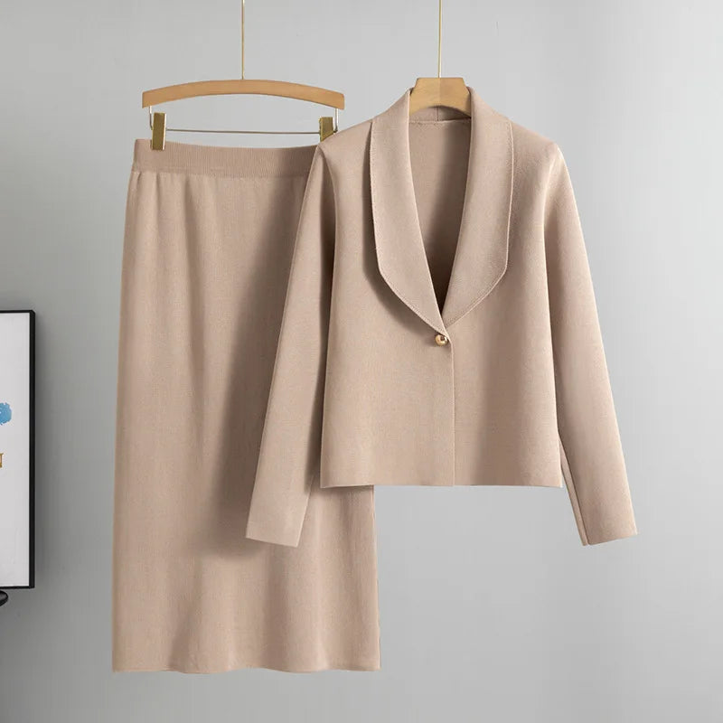 2025 Spring New Release Elegant Casual Women's Two-Piece Suit Set Solid Pattern Cardigan Sweater Coat Dress Button Decoration