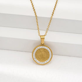 Christian Gold Stainless Steel Catholic Vintage Medal Religious Necklaces Mary Virgin Our Lady Stone Pendant Jewelry