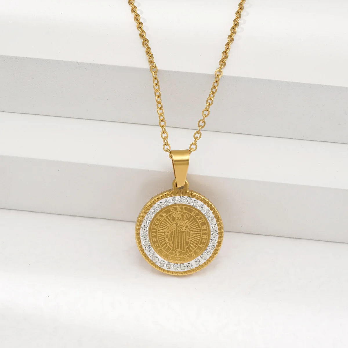 Christian Gold Stainless Steel Catholic Vintage Medal Religious Necklaces Mary Virgin Our Lady Stone Pendant Jewelry