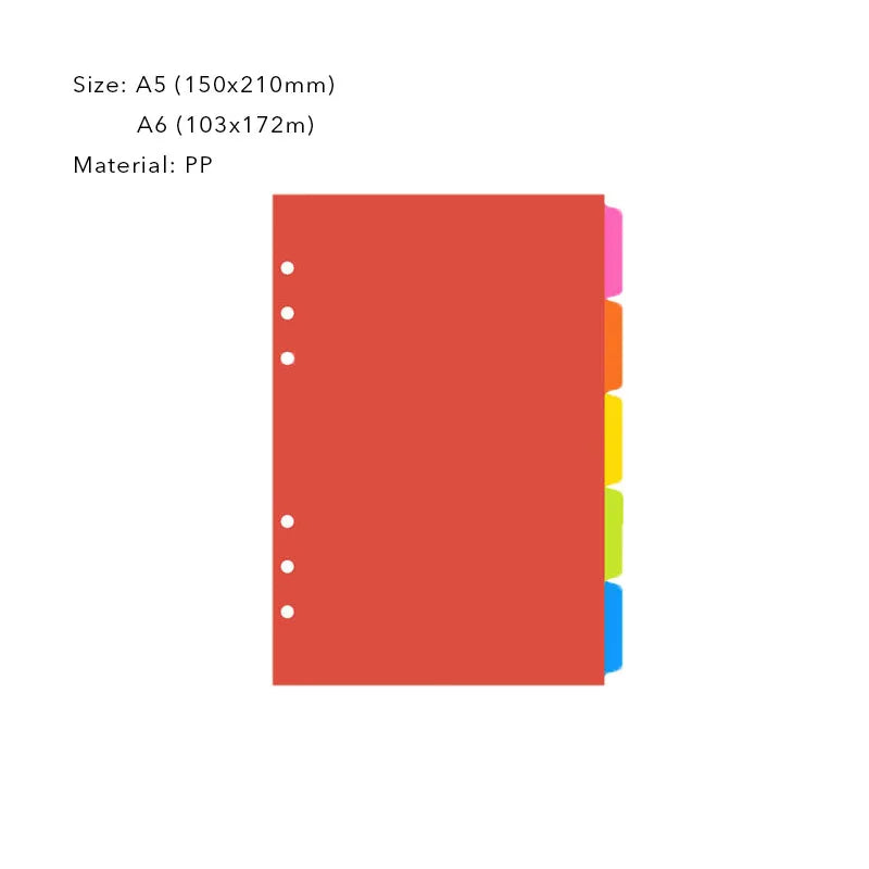 A5 Loose-Leaf Plastic Divider Pages 5 Sheets Per Set with 6 Holes PP Index Page Blank Tab Planner