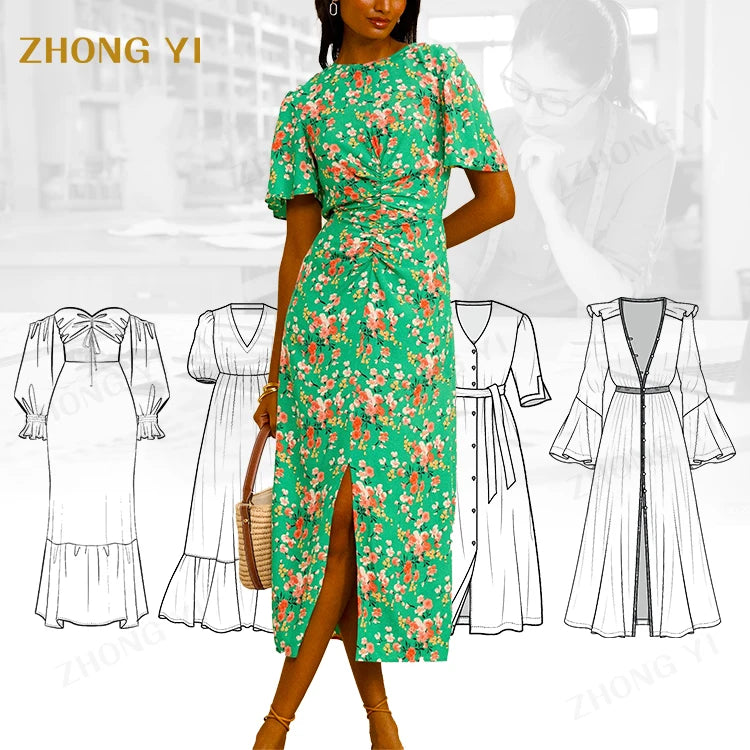 New Girls Clothing Casual Floral Womens Dresses Vacation Style Slashed Crewneck Short Sleeve Elegant 2023 Spring Summer Dresses