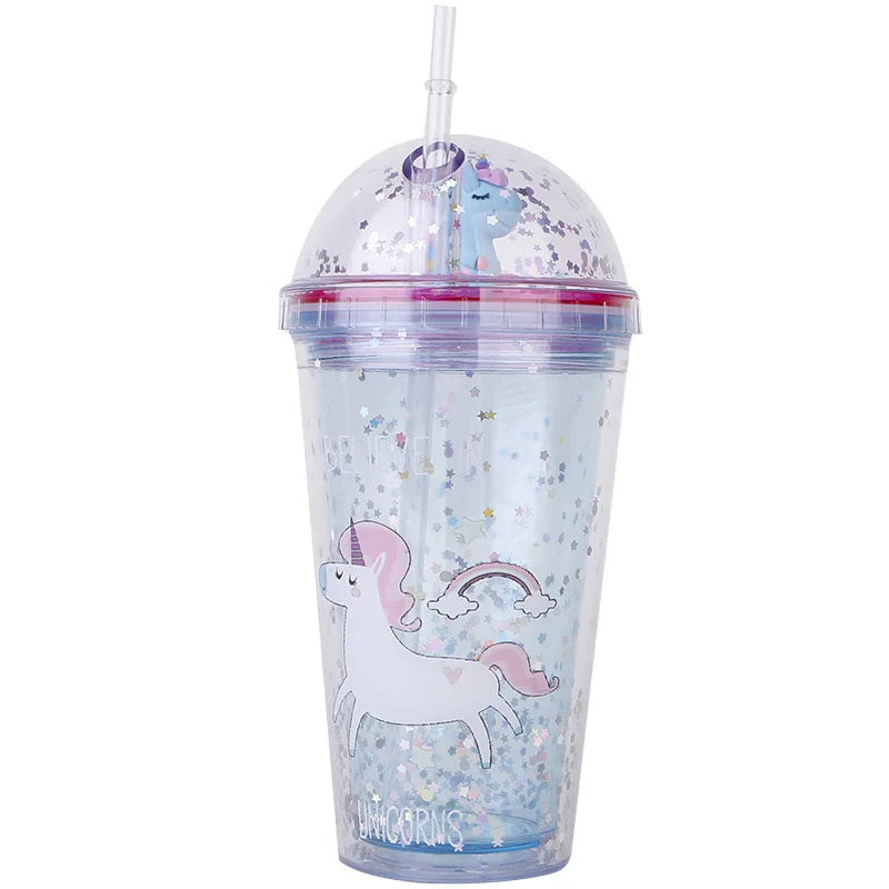 New 2026 Clear Glitter Plastic Acrylic Double Wall Insulated 450ml Cartoon Tumbler Cups Lid Straw 0-6 Hours Thermal Insulation
