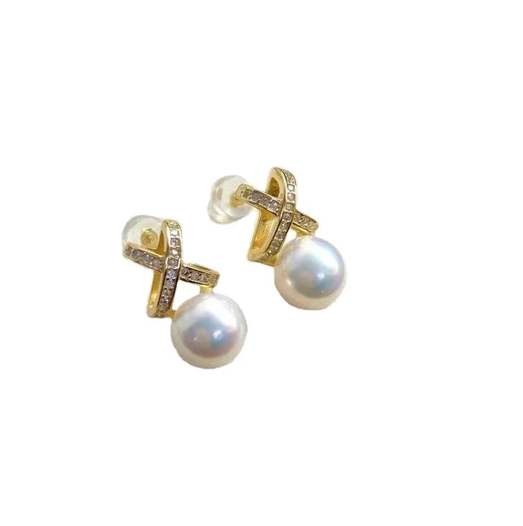 E1470 8-9mm DIY Natural Freshwater Pearl Charm Earrings Mounting Accessory 925 Sterling Silver Gold Plated  Jewelry for Women