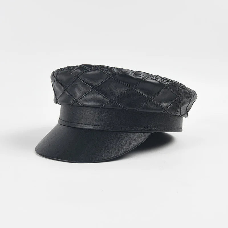 Europe America Fashion Trendy  Black Quilited Seam PU Leather Beret Hat Women Autumn Winter British Retro Beret Hats for Women