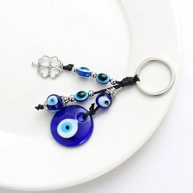 Promotion Turkish Evil Eye Jewelry Fashion Alloy Clover Shape Charm Crystal Keychain Pendant EVIL EYE BEAD Key Chain Accessories