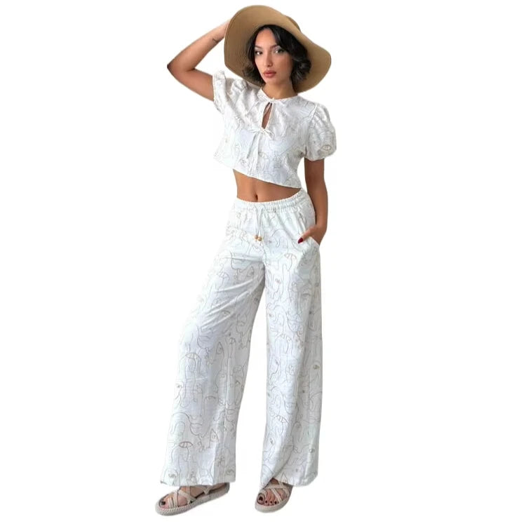 KY Femme Cropped Blouse and Baggy Pants All Over Vintage Print Crepe Fabric Front Tie Short Tops Wholesale