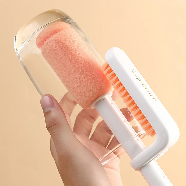 Multi-functional Plastic Sponge Eco-Friendly Long Handle 31cm Cup & Baby Bottle Cleaning Brush Double Head Design