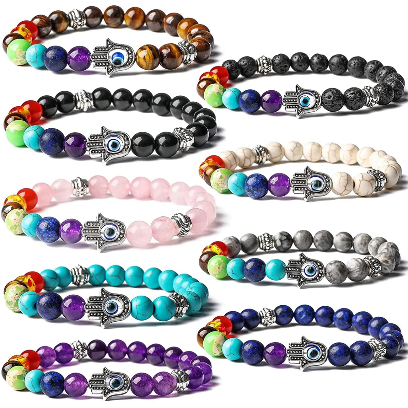 Evil Eye Bracelet 7 Chakra Stone Bracelets Blue Evil Eye Hand of Fatima Hamsa Charm Bead Bracelets