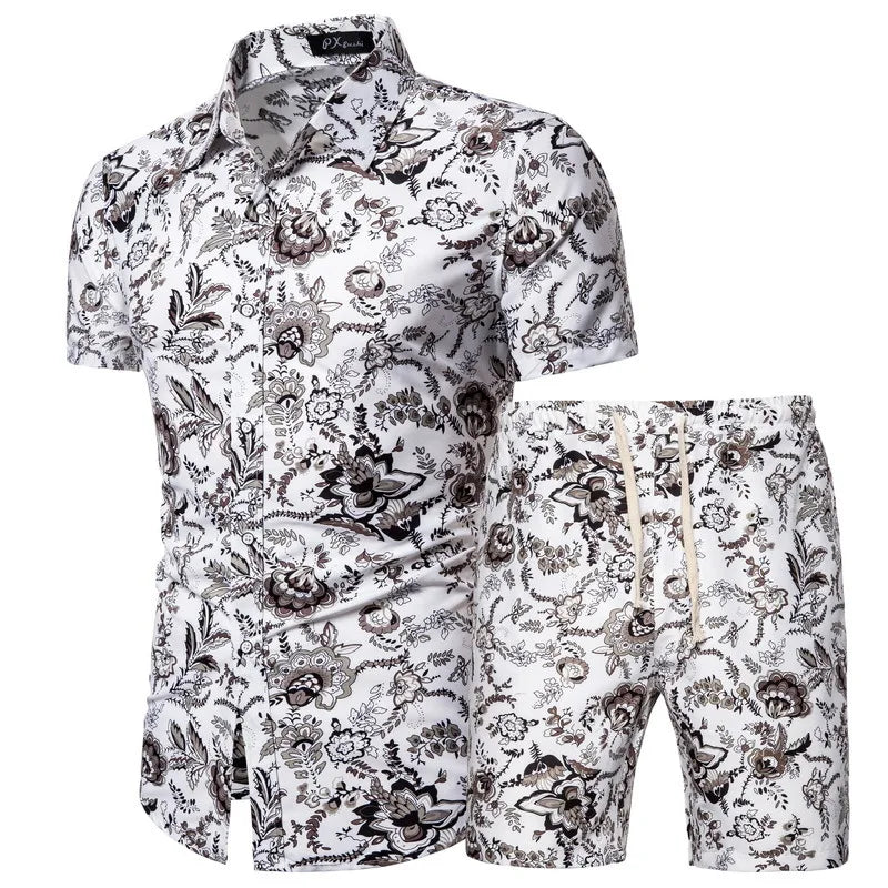 Pattern Tracksuit Men Summer Beachwear Men's Set Mens Notched T Shirts +Shorts Two Piece Sets Floral Beach Sweatsuit M-5XL