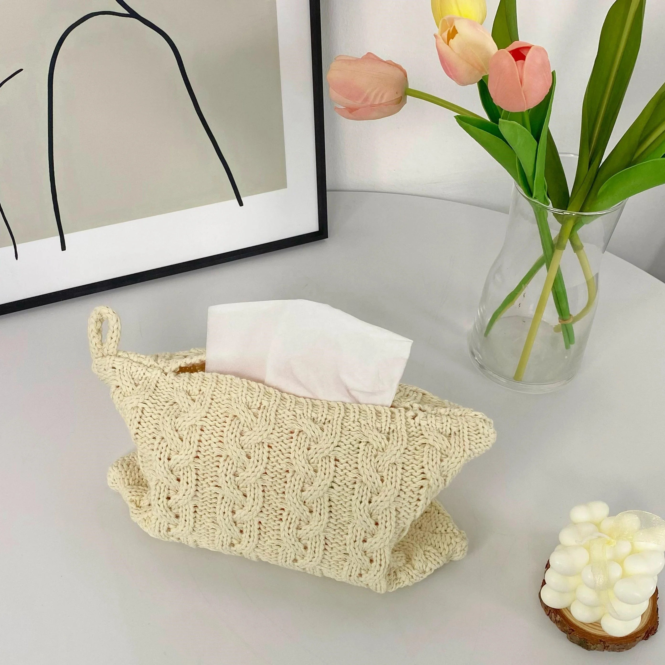 Modern Nordic Style Green Polyester Tissue Paper Box Light Luxury Crochet Napkin Storage for Home Hotel & Restaurant Use