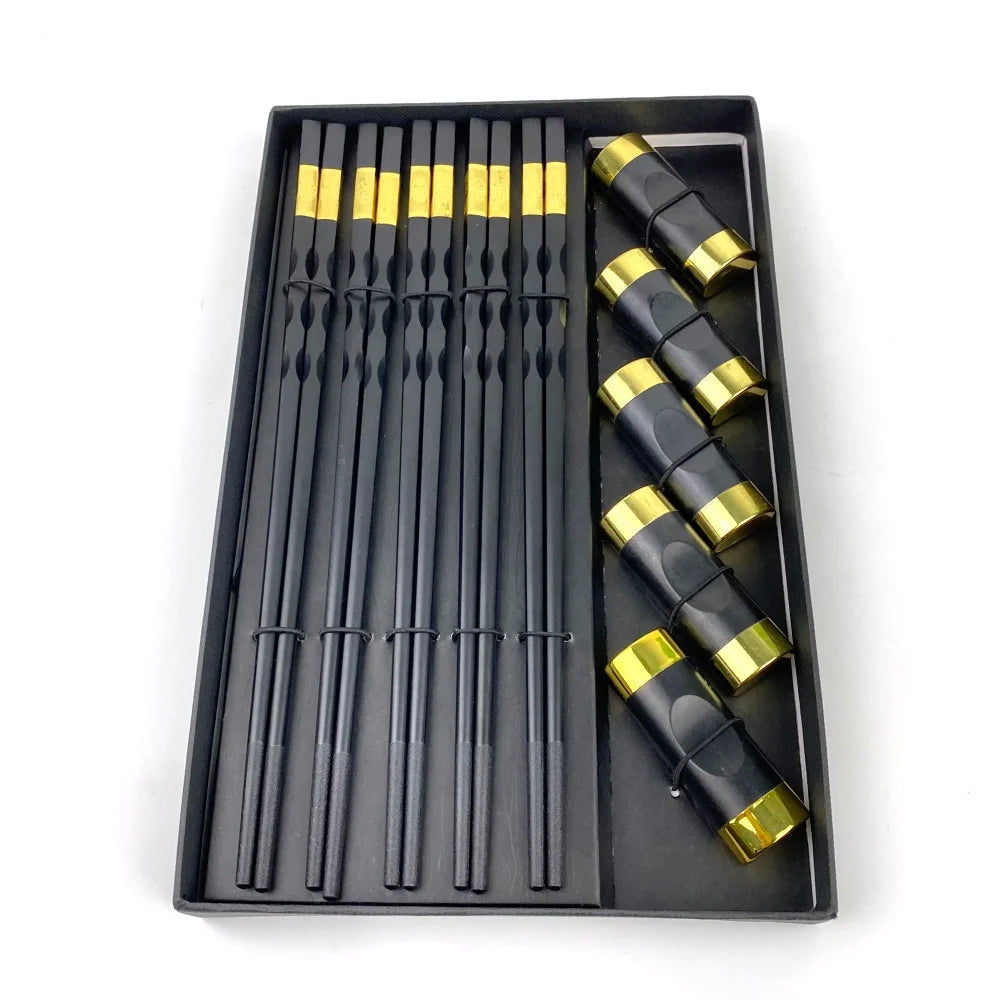 Hot Sell 5 Pairs Black Fiberglass Chopsticks (Fu) with Ceramic Rest Eco-Friendly Party Gift Box