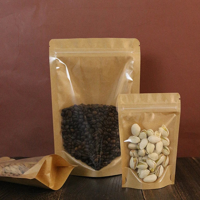 Wholesale Recyclable Kraft Paper Stand-Up Window Zipper Sealed Bag Pouch for Coffee Tea Gravure Printing Reusable for Food Use
