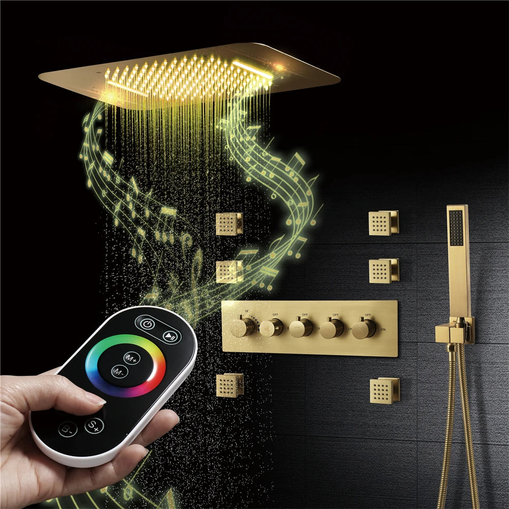 Phone Control Music Led Shower System Brushed Gold Thermostatic Shower Combo Set