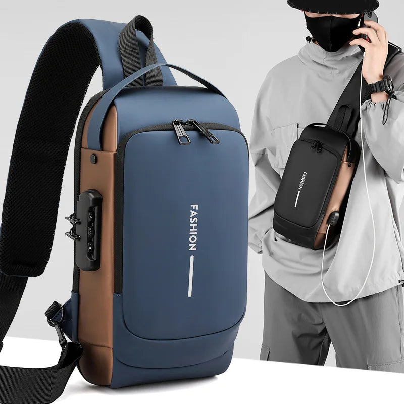 Blue Crossbody Chest Bag With USB TSA Lock Anti-theft Shoulder Bag Fashion Cool Sling Bag Waterproof Custom Logo Sling Bag