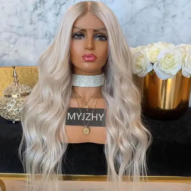 Ombre Platinum Blonde Color Cuticle Aligned Human Hair Lace Front Wigs With Light Brown Roots