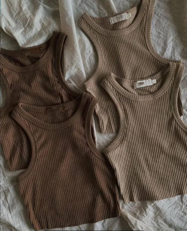 Y2K Vintage Custom logo 2022 Summer Hot Selling Rib Fabric Classic Basic Brown Coffee Crop tank Top