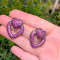 Geometric Double Heart Shape Hot Pink Red Cubic Zirconia Big Stud Earrings for Women Engagement Jewelry Accessories Gift