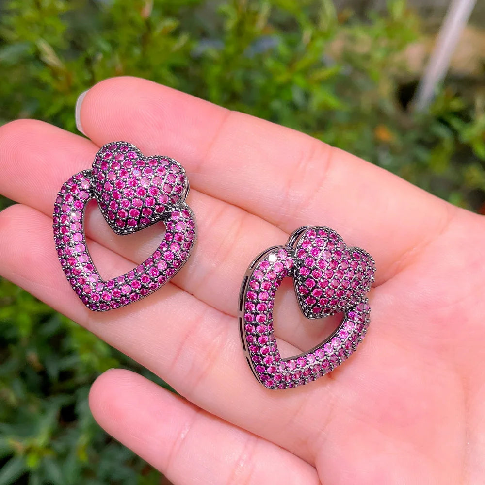 Geometric Double Heart Shape Hot Pink Red Cubic Zirconia Big Stud Earrings for Women Engagement Jewelry Accessories Gift