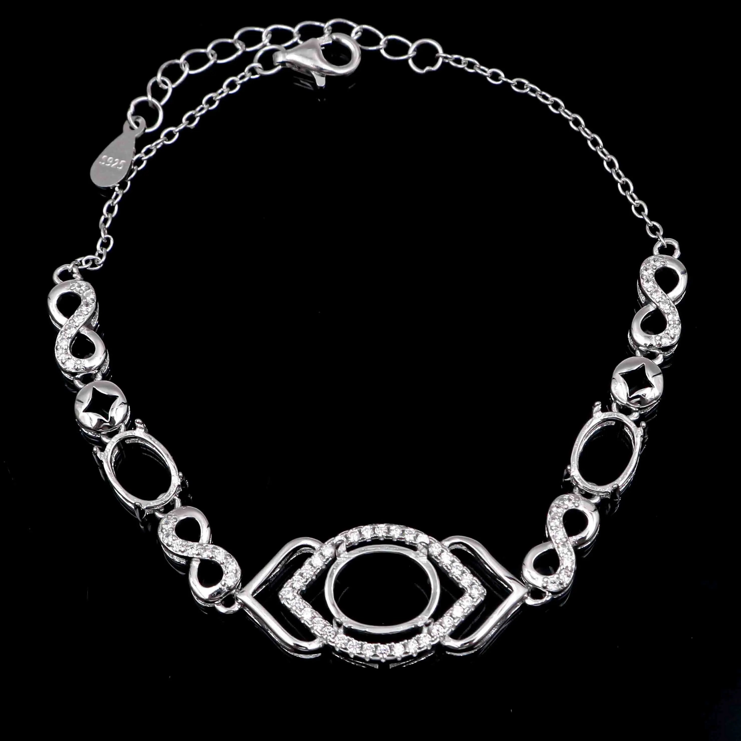 Sterling Silver 6*8+8*10mm Semi Mount Bracelet Empty Support Blank Setting S925 Base Holder Without Center Stone Inlay for DIY