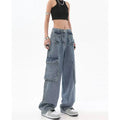 Women's High Waist Denim Cargo Jeans Loose Wide Leg Y2K Washed Streetwear Pants