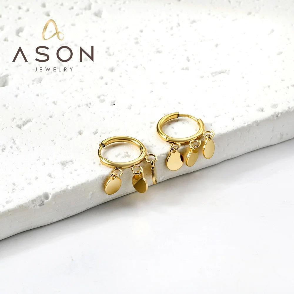 Ason Stainless Steel Fashion Jewelry Dainty Earrings 18K Gold Plated Round Drop huggies Flakes Charm Hoop Earring for Women