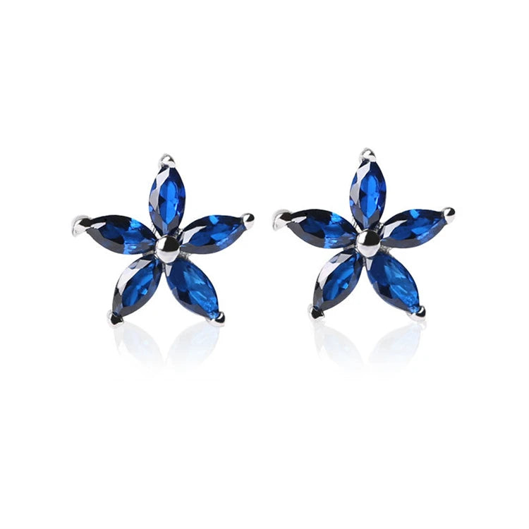 Ins Style Blue Zircon 2025 Girl Gifts Sterling Silver Gold Plated CZ Flower Stud Earrings