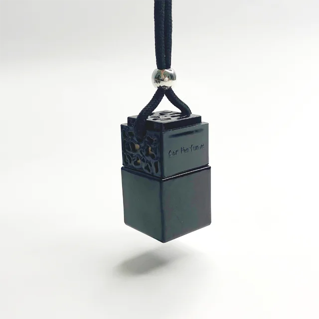 Custom 8ml Black Glass Perfume Pendant Air Freshener Car Hanging Diffuser Bottle with Screw Cap Screen Printed