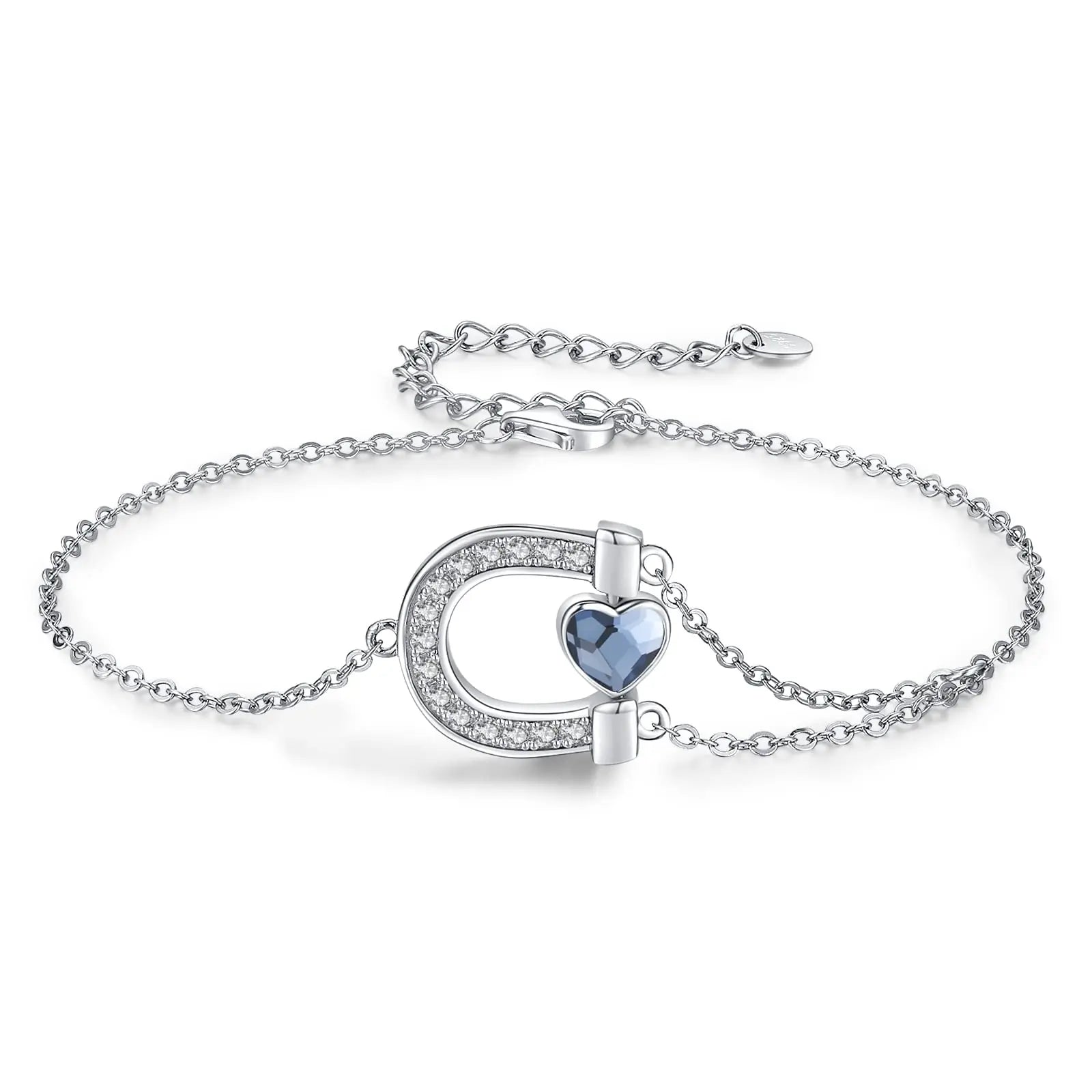 New Arrival 925 Sterling Silver 7+2 Inch Heart Blue Crystal Horseshoe Bracelet