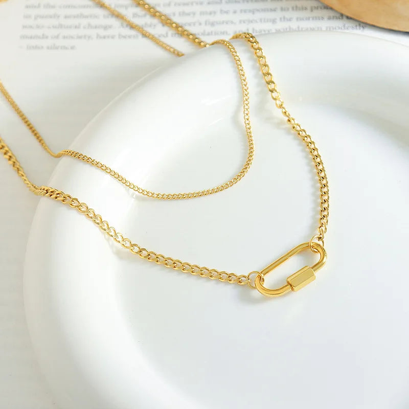 Ins Style Fashion Jewelry 18k Gold Stainless Steel Cuban Chain Layered Necklace Screw Oval Lock Necklace for Women