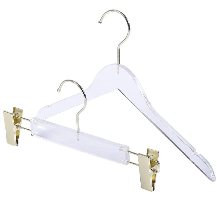 Custom Logo Golden Hook Transparent Acrylic Hanger Adjustable Clips-Eco-Friendly Heavy Duty Wardrobe Boutique Clothing Store Use