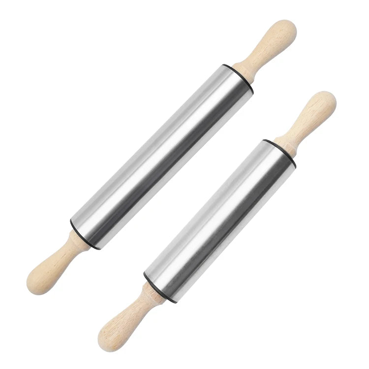 Factory Wholesales Stainless Steel Rolling Pin with Wood Handel for Kitchen Pasta/Noodles/Pizza Dumpling Wrapper Making Tool