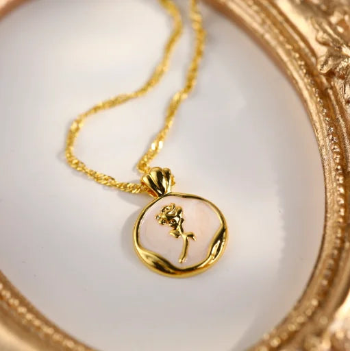 French Vintage Classic Elegant Rose Circle Brand Pendant Necklace Drop Glaze Tulip Flower Sweater Chain Necklace