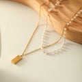 Leisure Design Stainless Steel 18K Double Layers Shell Bead Chains Rectangle Love Stamped Pendant Necklace for Women