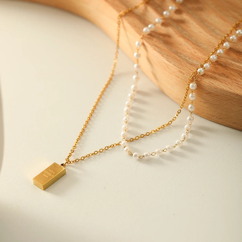 Leisure Design Stainless Steel 18K Double Layers Shell Bead Chains Rectangle Love Stamped Pendant Necklace for Women