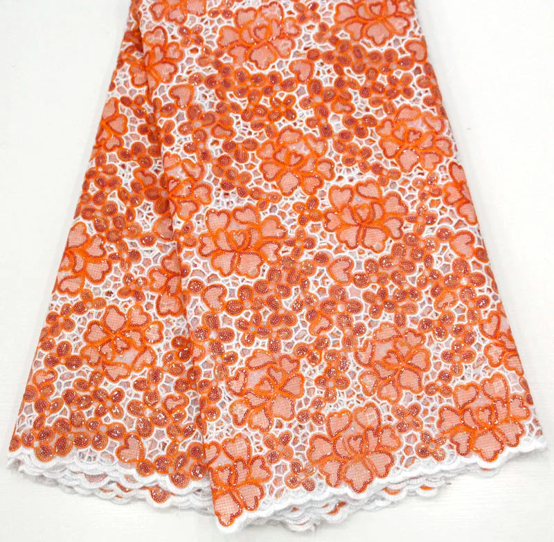 African Traditional ASO EBI Wedding Party Hot Orange Double Organza Handcut Sequins Fabric Wholesale