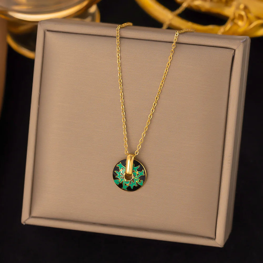 2023 New 2pcs Set Non Tarnish Stainless Steel 18k Gold Plated Enamel Necklace Earrings Jewelry Set for Women