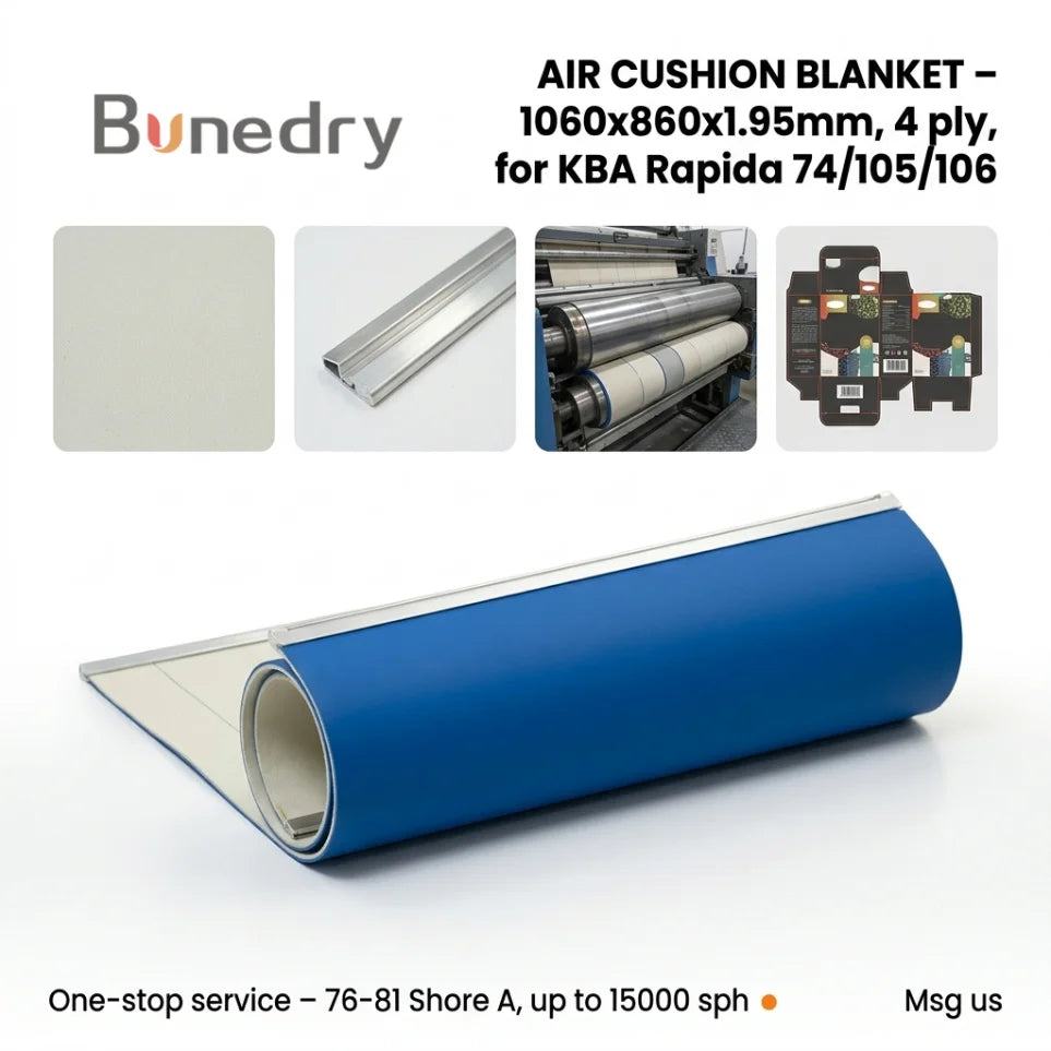 KBA Rapida 74 105 106 Air Cushion Compressible Rubber Blanket 1060x860x1.95mm Italian 76-81 Shore a Aluminum Clip Offset Print